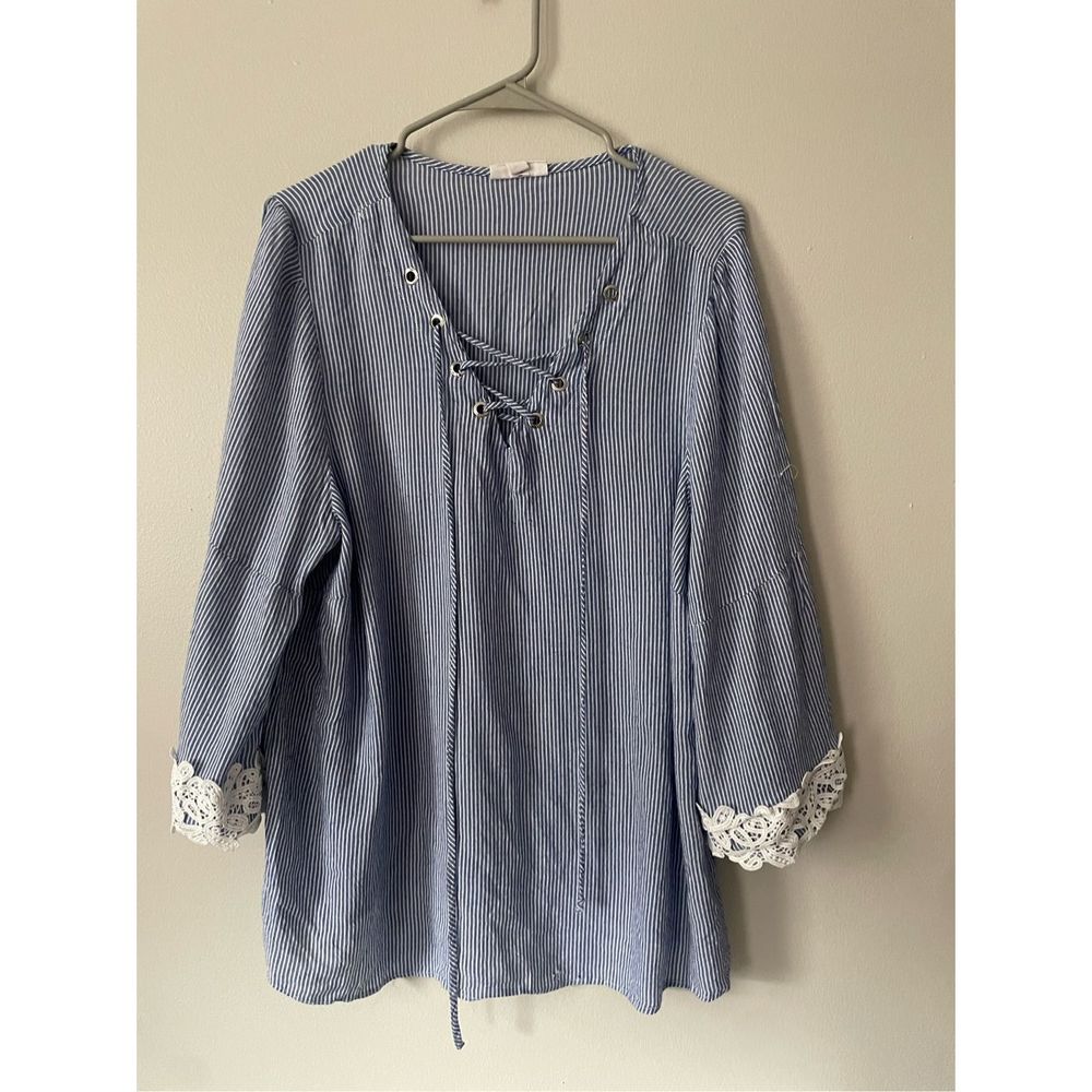 Westport Womens 3X Blue and White Stripe 3/4 Sleeve Lightweight Blouse